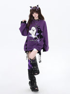 CRAZYGIRL Ghost Print Black Purple Colorblock Lace Up Hooded Loose Women's Sweaters
