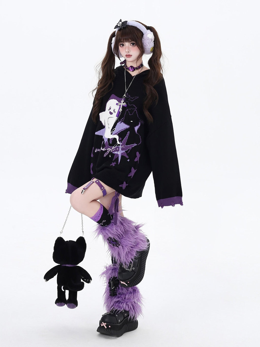 CRAZYGIRL Ghost Print Black Purple Colorblock Lace Up Hooded Loose Women's Sweaters