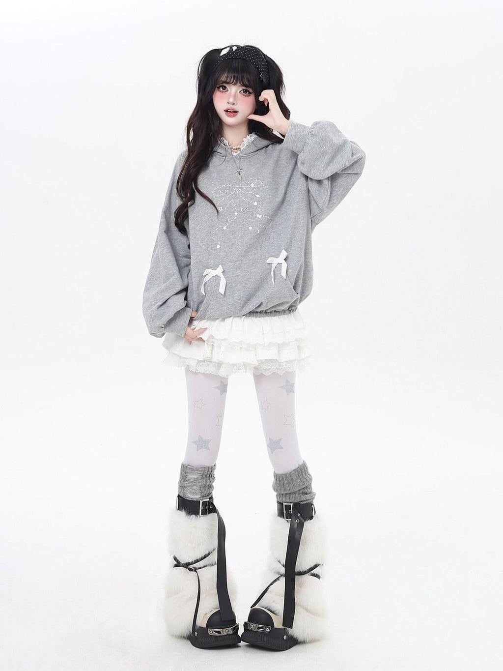 CRAZYGIRL Girlish Cartoon Bow Rhinestone Lace Hooded Loose Women's Sweatshirts
