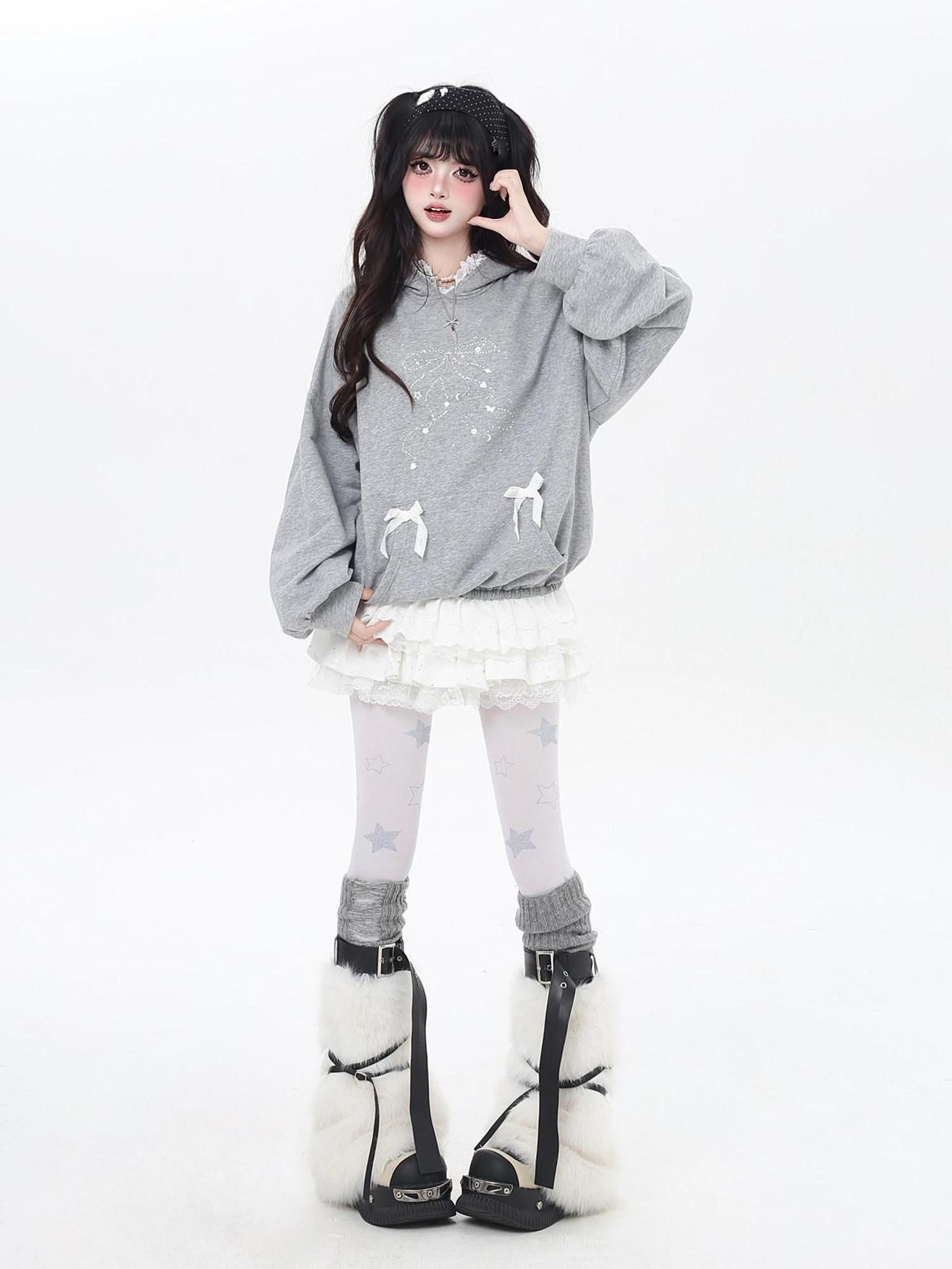 CRAZYGIRL Girlish Cartoon Bow Rhinestone Lace Hooded Loose Women's Sweatshirts