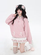 CRAZYGIRL Girlish Cartoon Bow Rhinestone Lace Hooded Loose Women's Sweatshirts