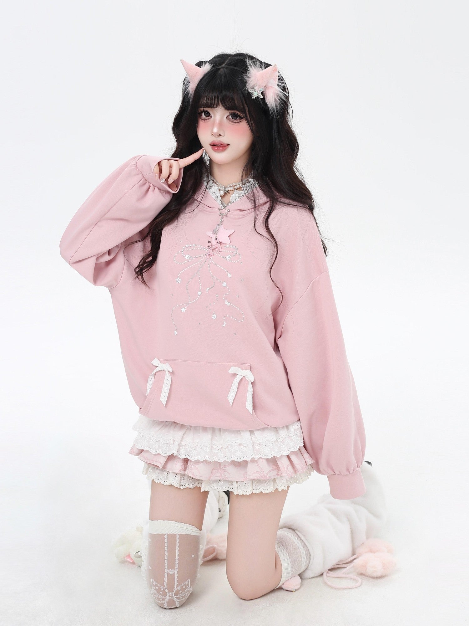 CRAZYGIRL Girlish Cartoon Bow Rhinestone Lace Hooded Loose Women's Sweatshirts