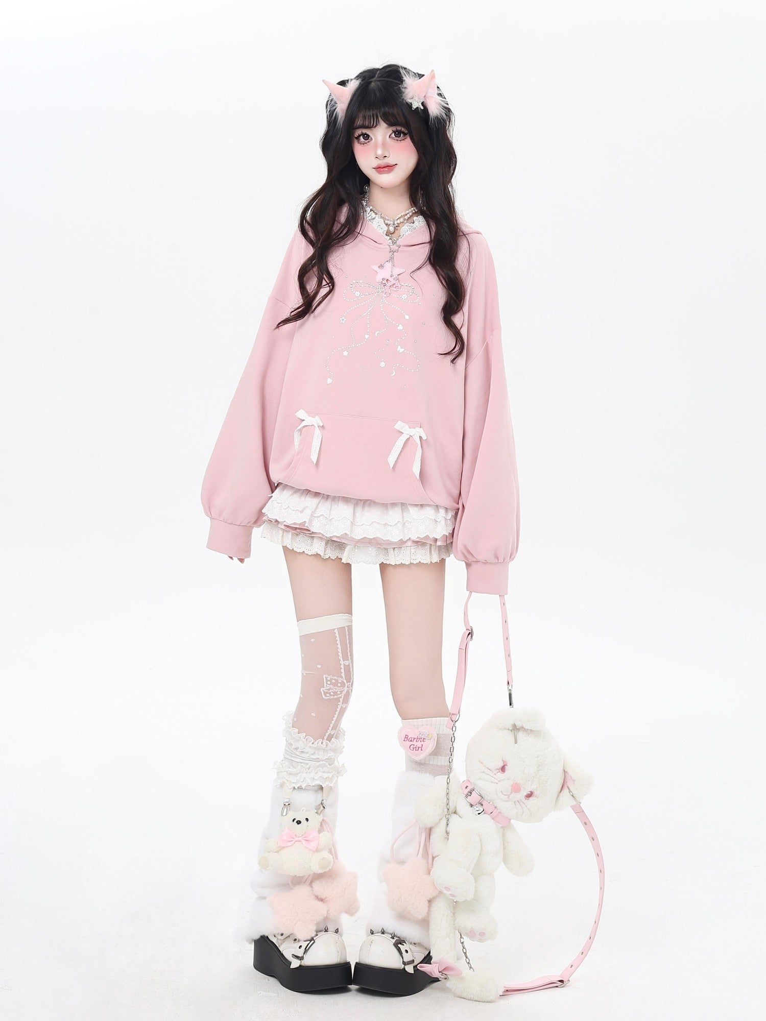 CRAZYGIRL Girlish Cartoon Bow Rhinestone Lace Hooded Loose Women's Sweatshirts