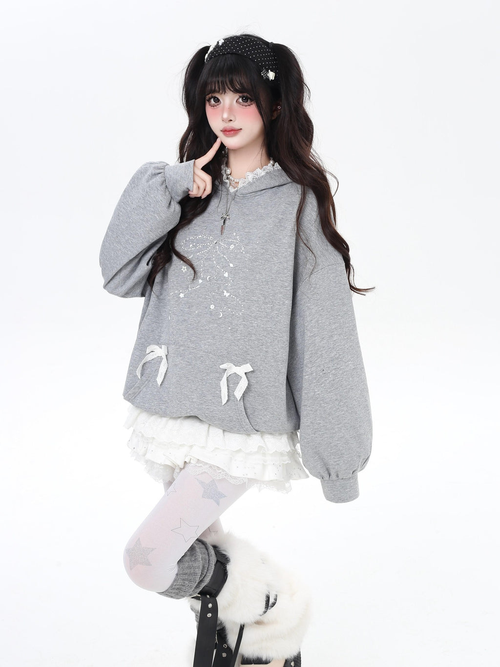 CRAZYGIRL Girlish Cartoon Bow Rhinestone Lace Hooded Loose Women's Sweatshirts