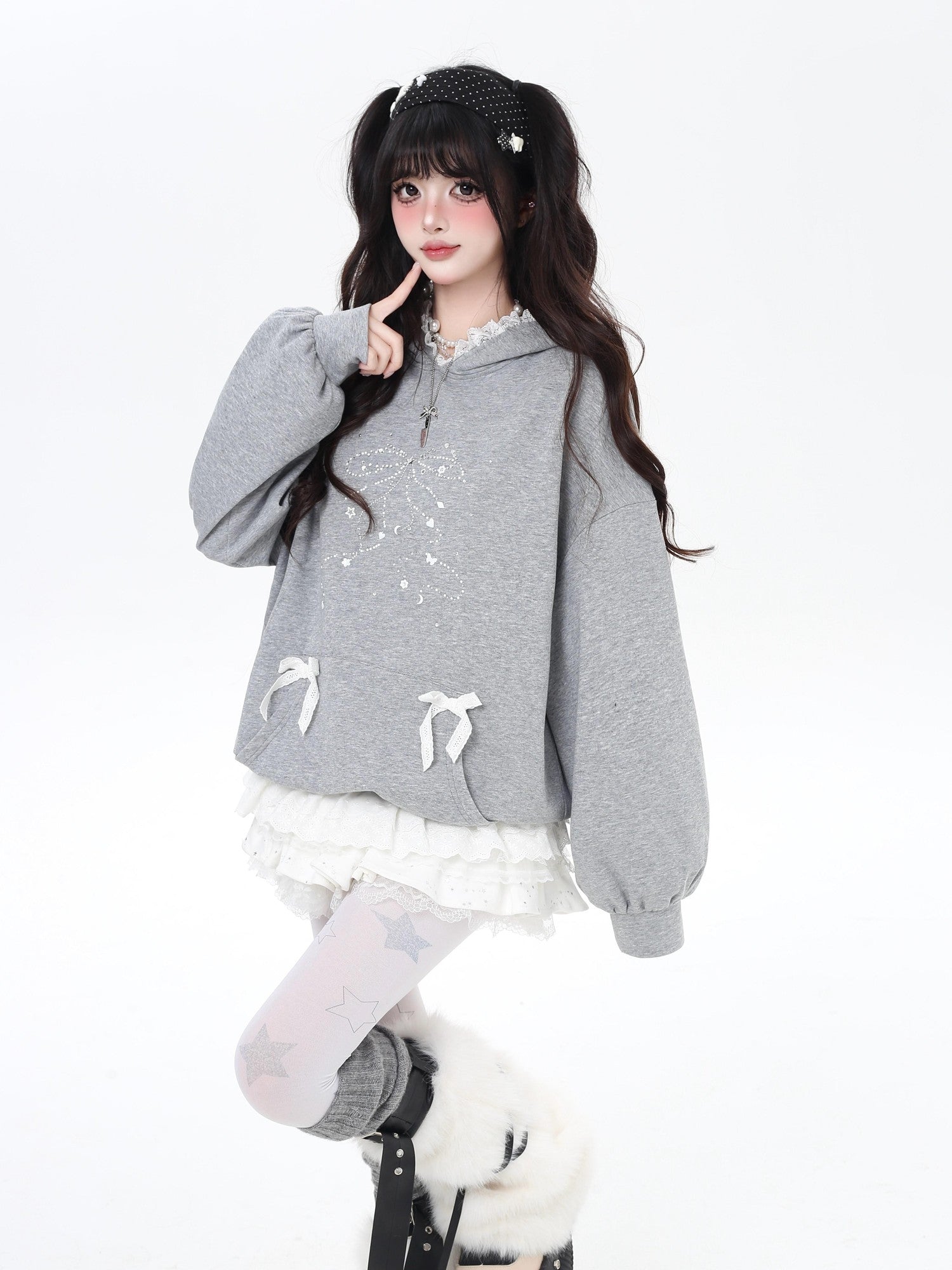 CRAZYGIRL Girlish Cartoon Bow Rhinestone Lace Hooded Loose Women's Sweatshirts