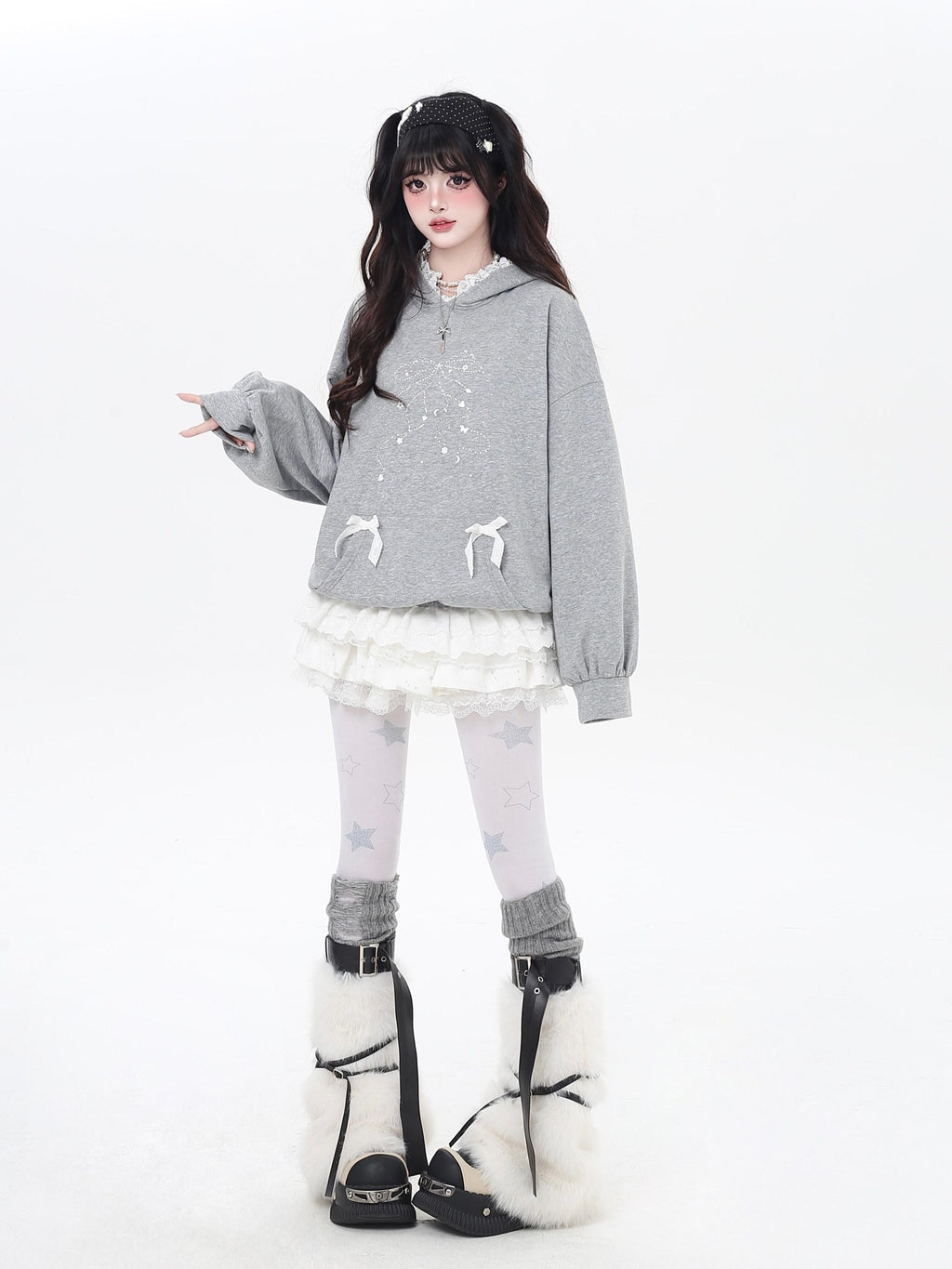 CRAZYGIRL Girlish Cartoon Bow Rhinestone Lace Hooded Loose Women's Sweatshirts