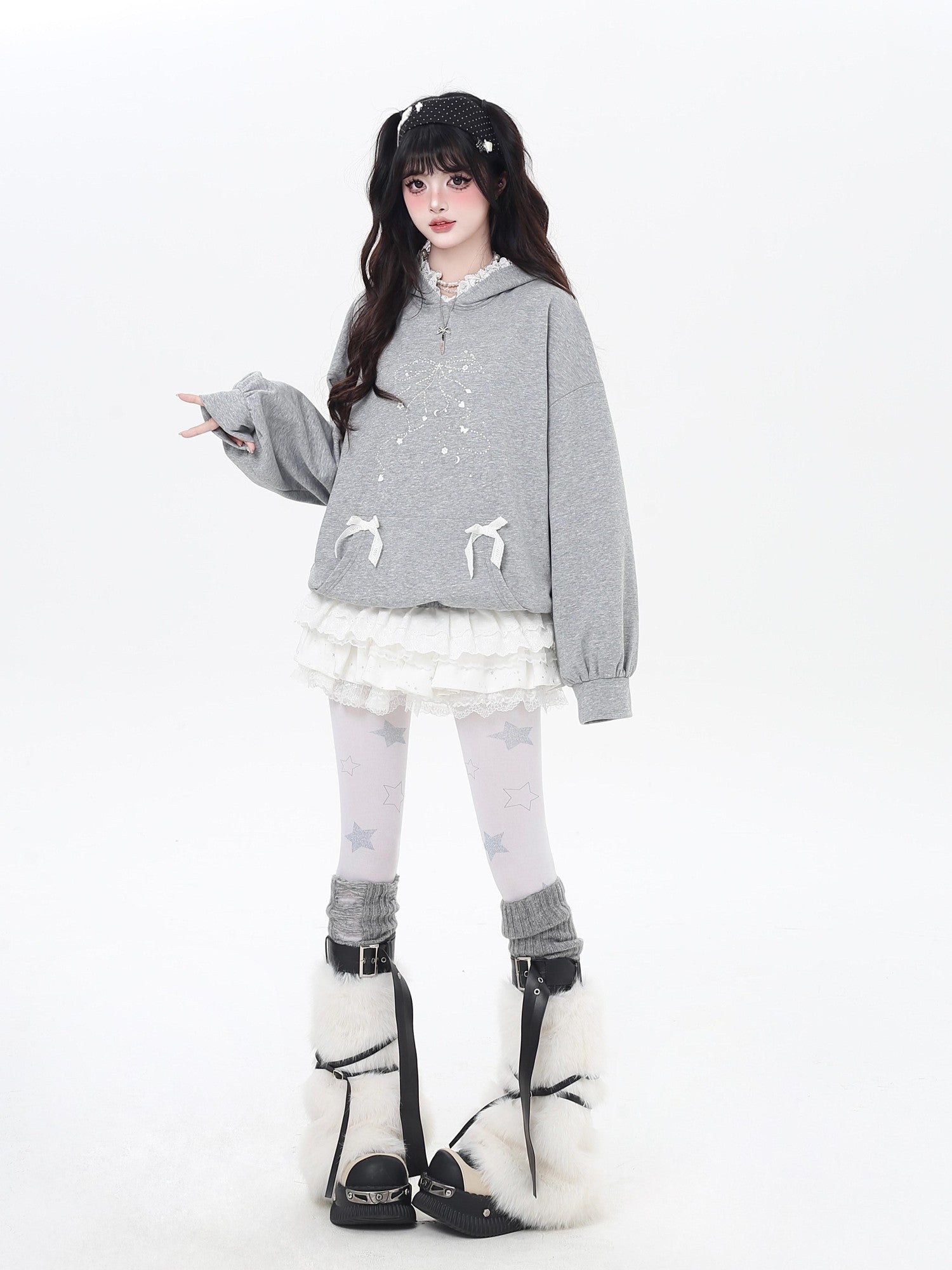 CRAZYGIRL Girlish Cartoon Bow Rhinestone Lace Hooded Loose Women's Sweatshirts