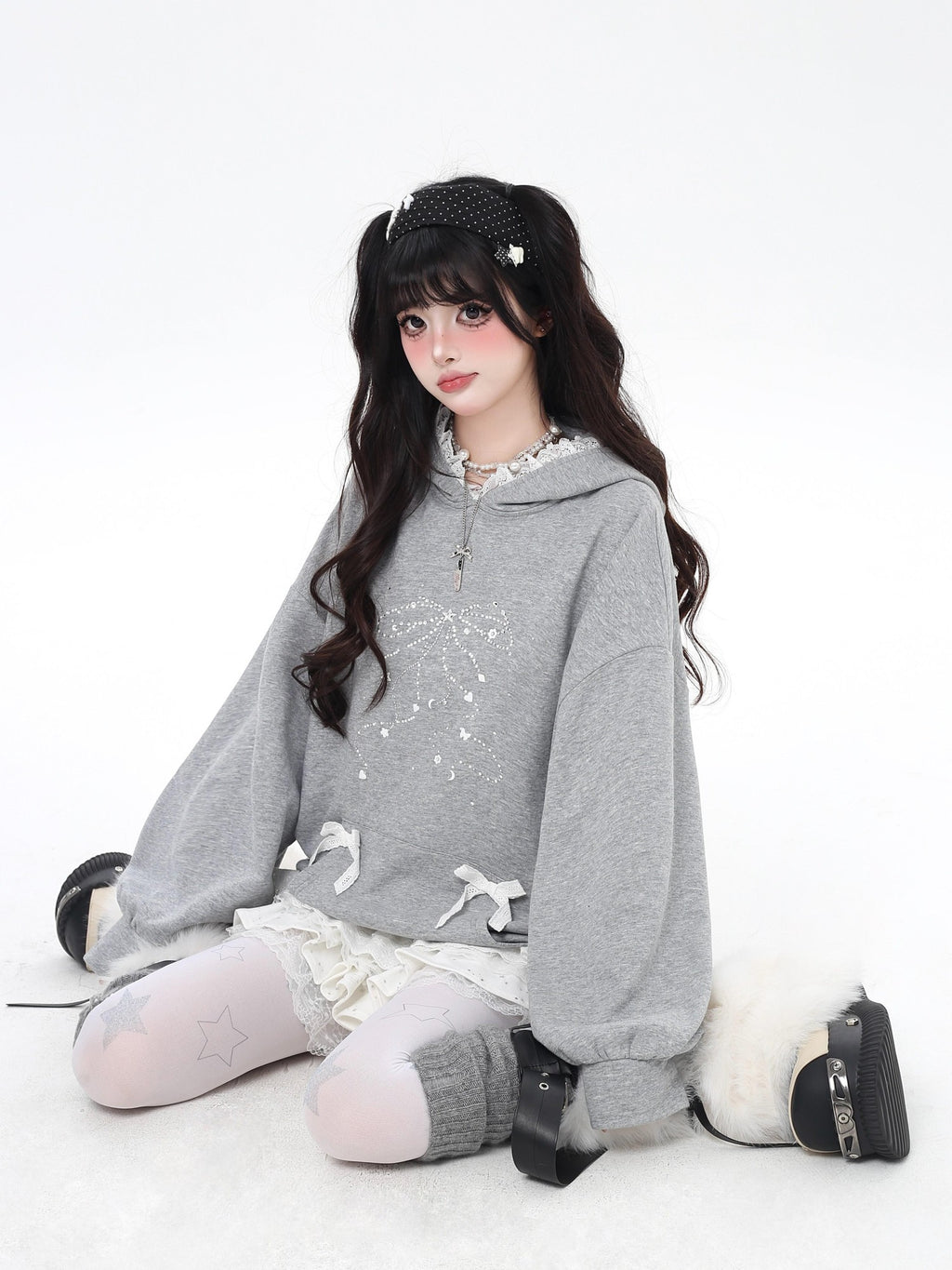 CRAZYGIRL Girlish Cartoon Bow Rhinestone Lace Hooded Loose Women's Sweatshirts