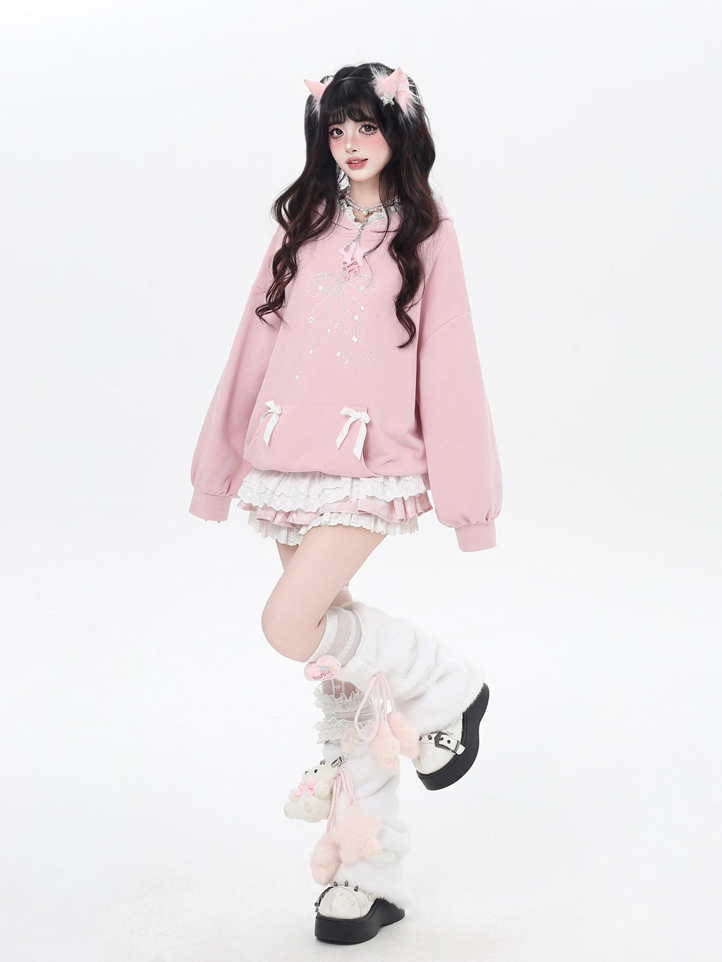 CRAZYGIRL Girlish Cartoon Bow Rhinestone Lace Hooded Loose Women's Sweatshirts