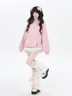 CRAZYGIRL Girlish Cartoon Bow Rhinestone Lace Hooded Loose Women's Sweatshirts