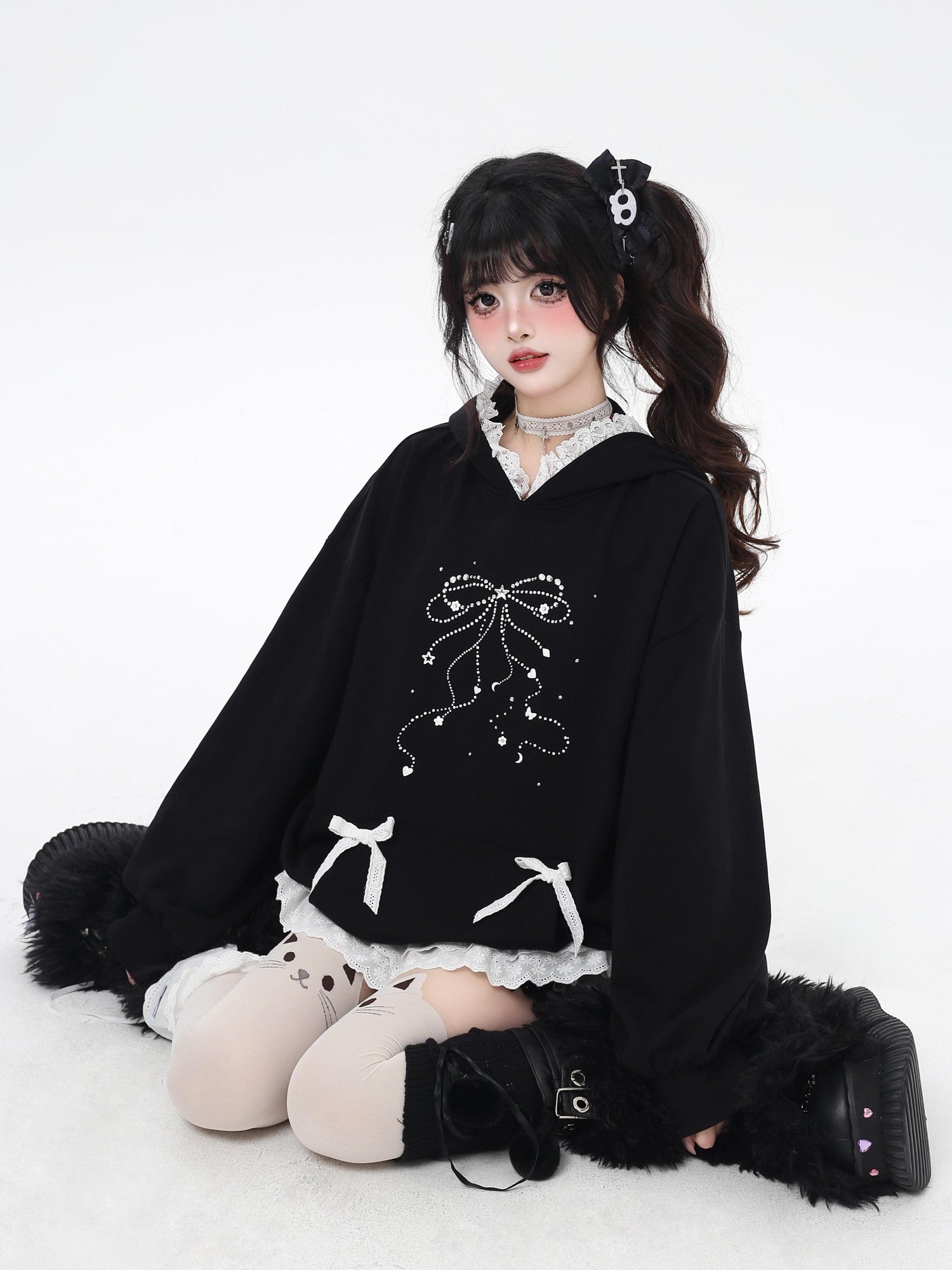 CRAZYGIRL Girlish Cartoon Bow Rhinestone Lace Hooded Loose Women's Sweatshirts
