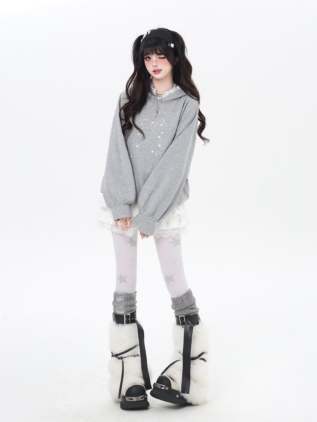 CRAZYGIRL Girlish Cartoon Bow Rhinestone Lace Hooded Loose Women's Sweatshirts