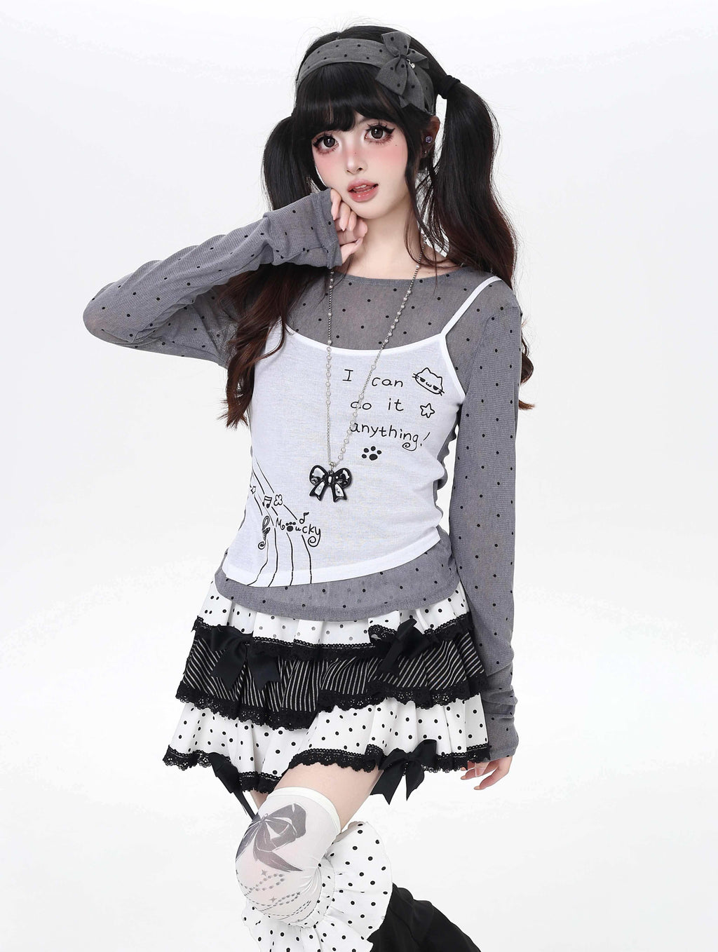 CRAZYGIRL_Girly_Polka_Dot_Spliced_Layered_Thin_Breathable_Women's_Long_Sleeve_T-shirts_1042075200078_MISSTT