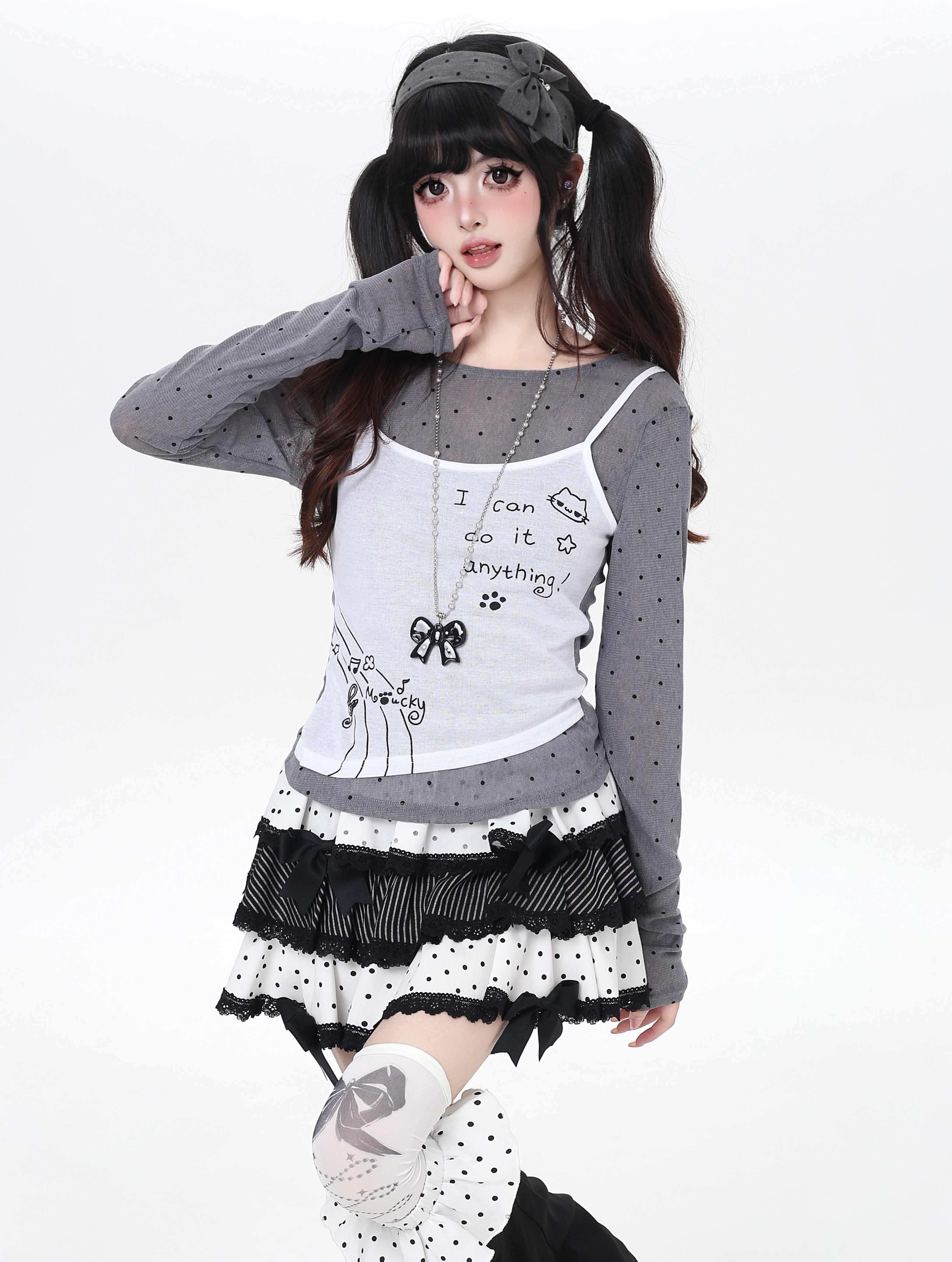 CRAZYGIRL_Girly_Polka_Dot_Spliced_Layered_Thin_Breathable_Women's_Long_Sleeve_T-shirts_1042075200078_MISSTT