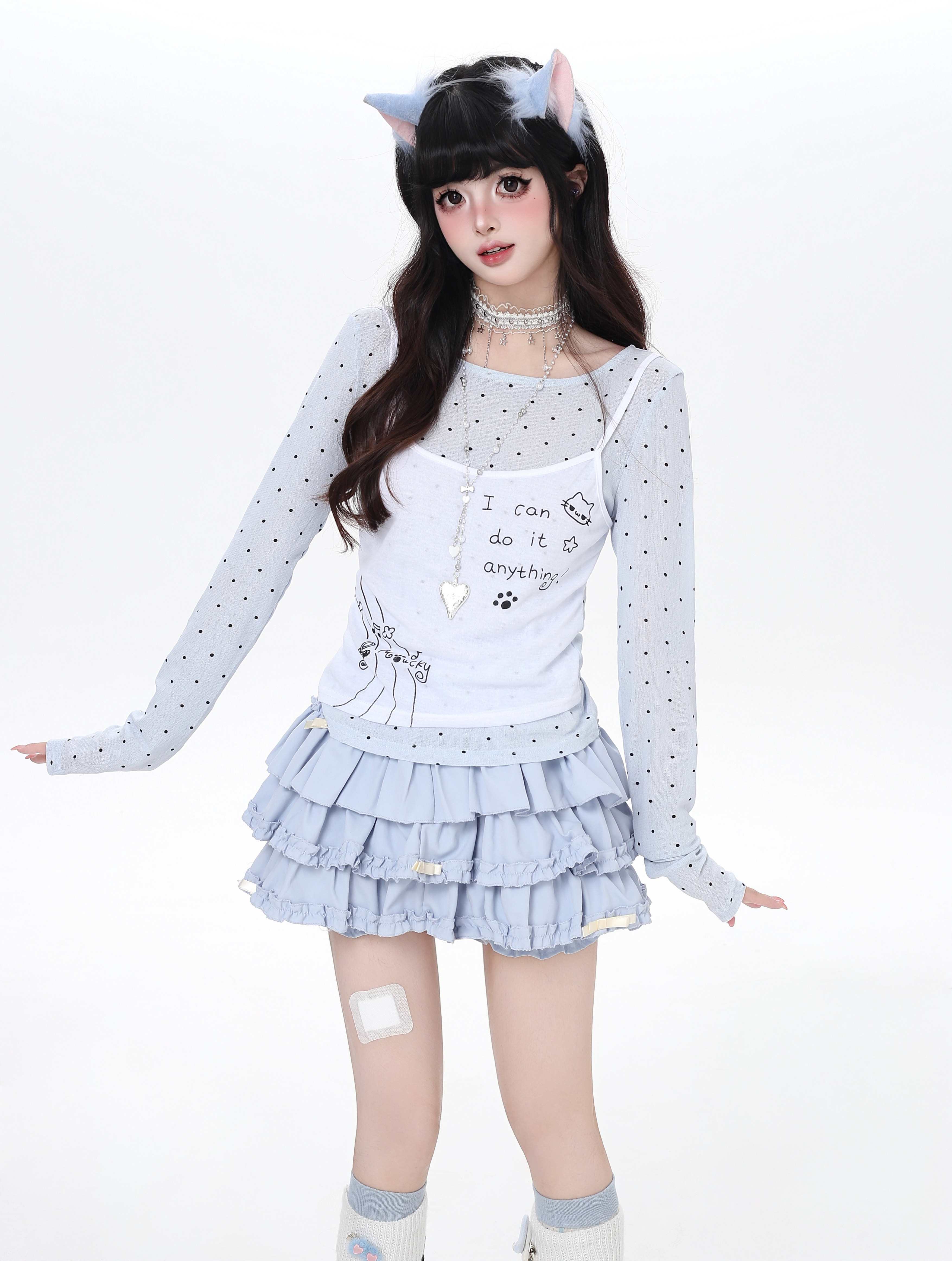 CRAZYGIRL_Girly_Polka_Dot_Spliced_Layered_Thin_Breathable_Women's_Long_Sleeve_T-shirts_1042075200078_MISSTT