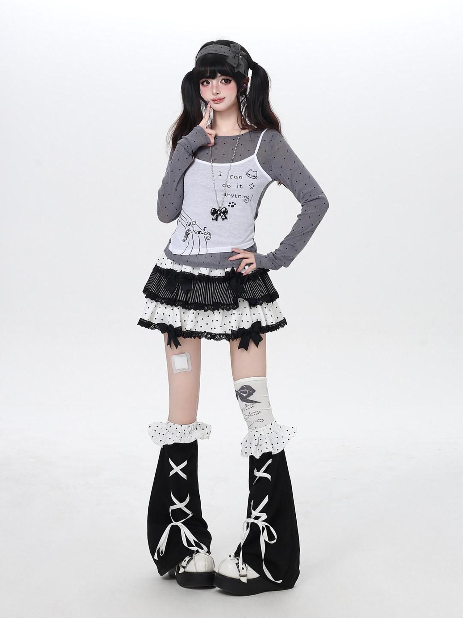 CRAZYGIRL Girly Polka Dot Spliced Layered Thin Breathable Women's Long Sleeve T-shirts