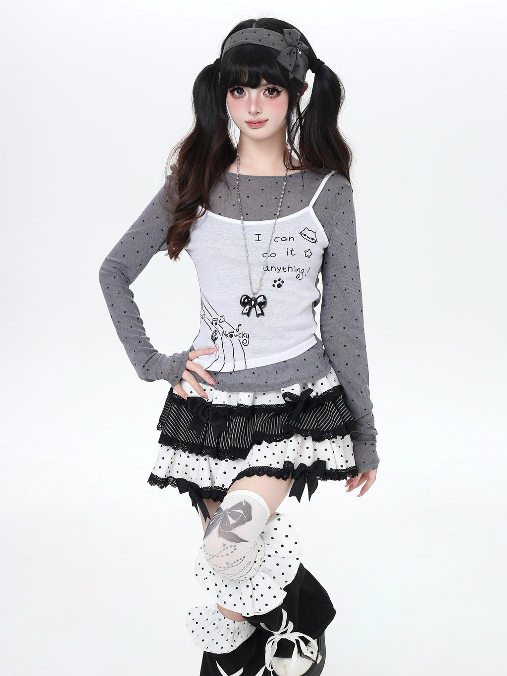 CRAZYGIRL Girly Polka Dot Spliced Layered Thin Breathable Women's Long Sleeve T-shirts