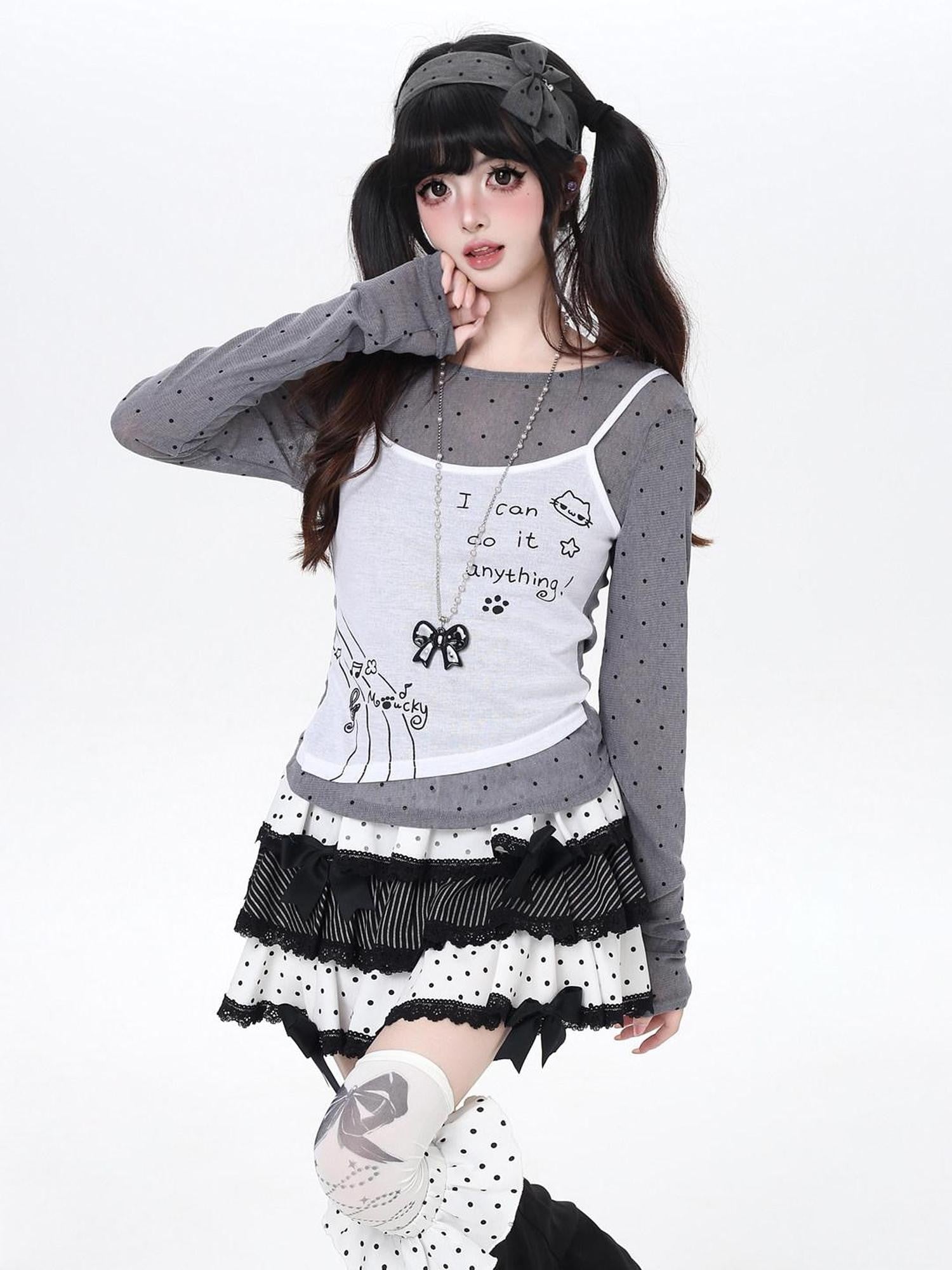 CRAZYGIRL Girly Polka Dot Spliced Layered Thin Breathable Women's Long Sleeve T-shirts
