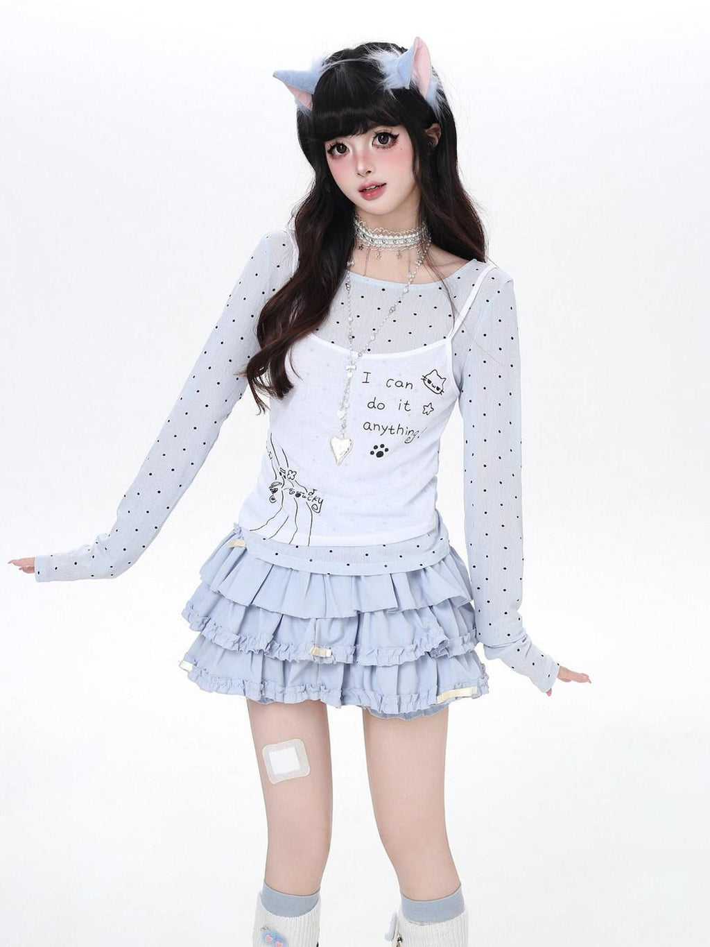 CRAZYGIRL Girly Polka Dot Spliced Layered Thin Breathable Women's Long Sleeve T-shirts