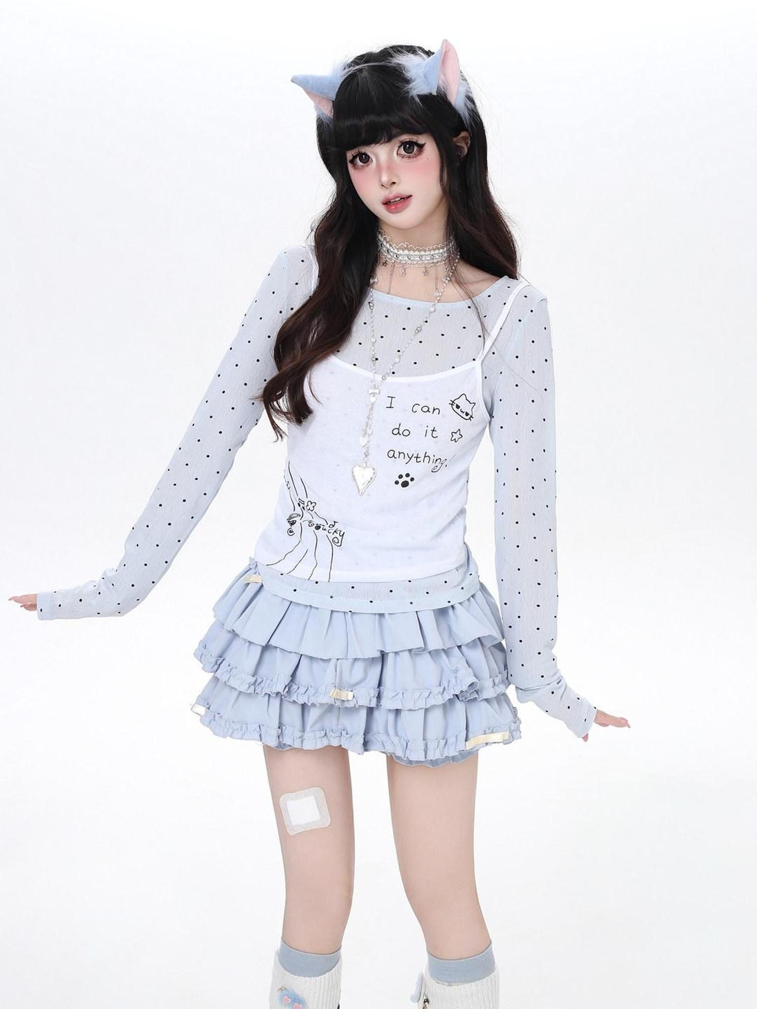 CRAZYGIRL Girly Polka Dot Spliced Layered Thin Breathable Women's Long Sleeve T-shirts