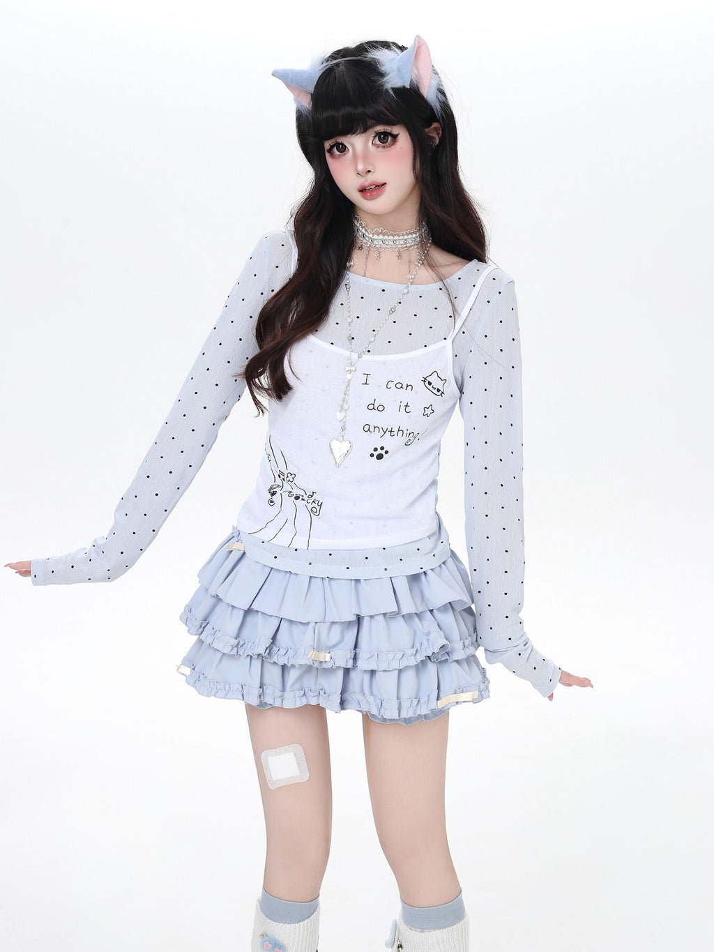 CRAZYGIRL Girly Polka Dot Spliced Layered Thin Breathable Women's Long Sleeve T-shirts