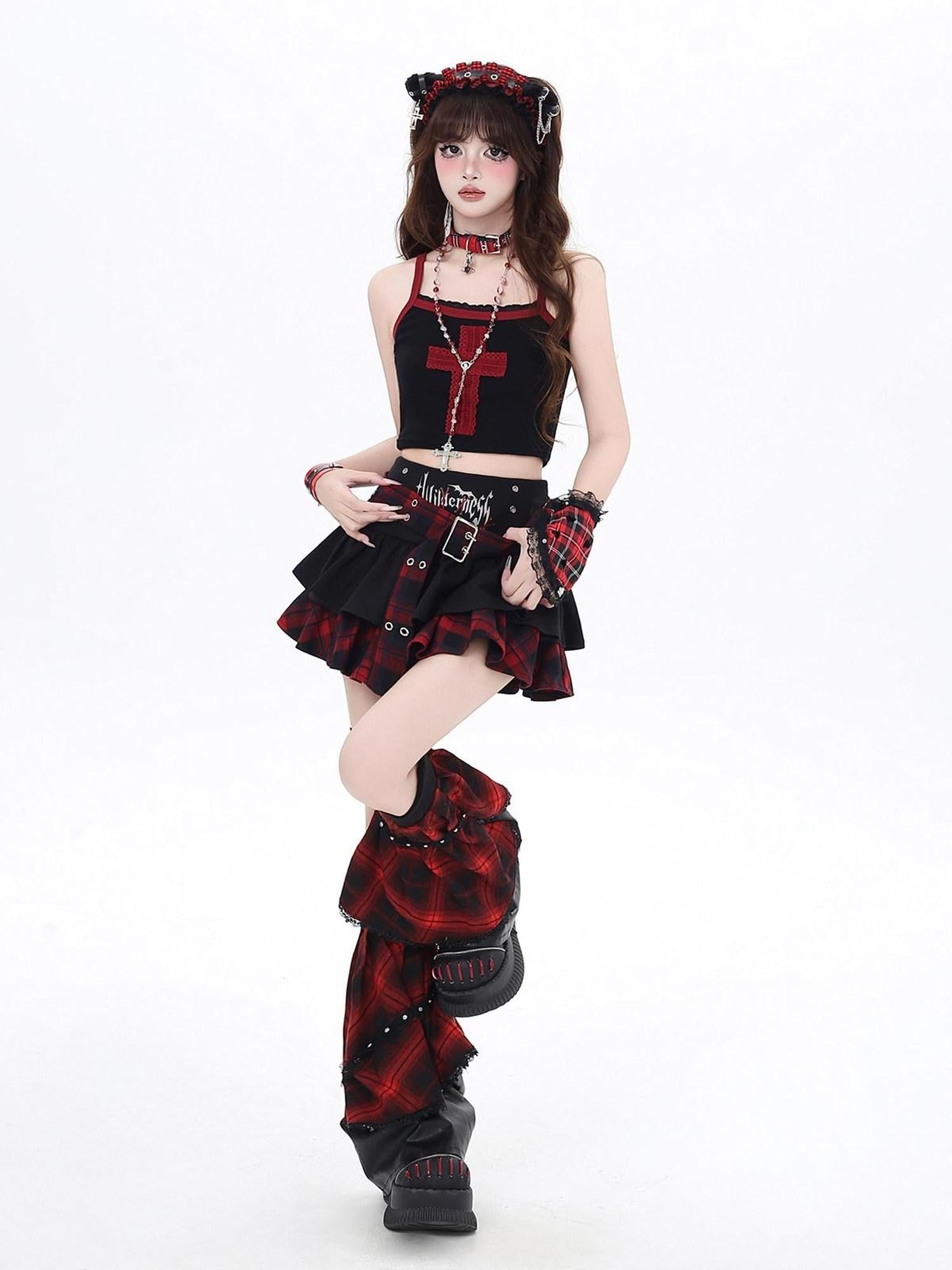 CRAZYGIRL Goth Idol Plaid Tiered Lace Up High Waist Women's Polyester Mini Skirts