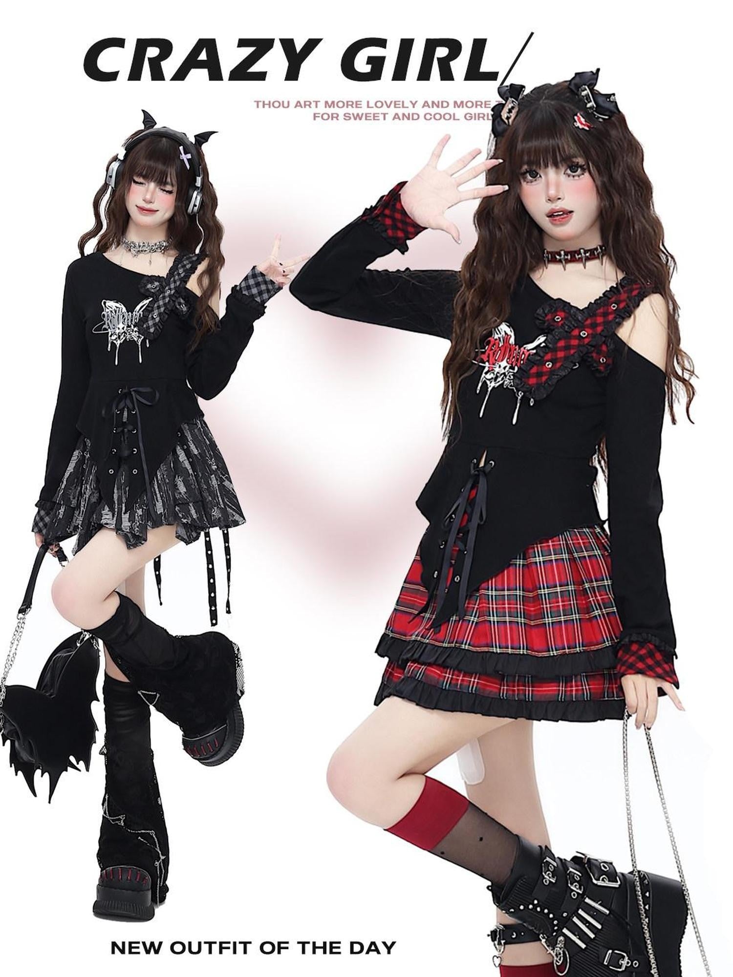 CRAZYGIRL Gothic Butterfly Asymmetrical Waist Cinch Slim Women's Long Sleeve T-shirts