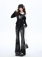 CRAZYGIRL Gothic Butterfly Asymmetrical Waist Cinch Slim Women's Long Sleeve T-shirts