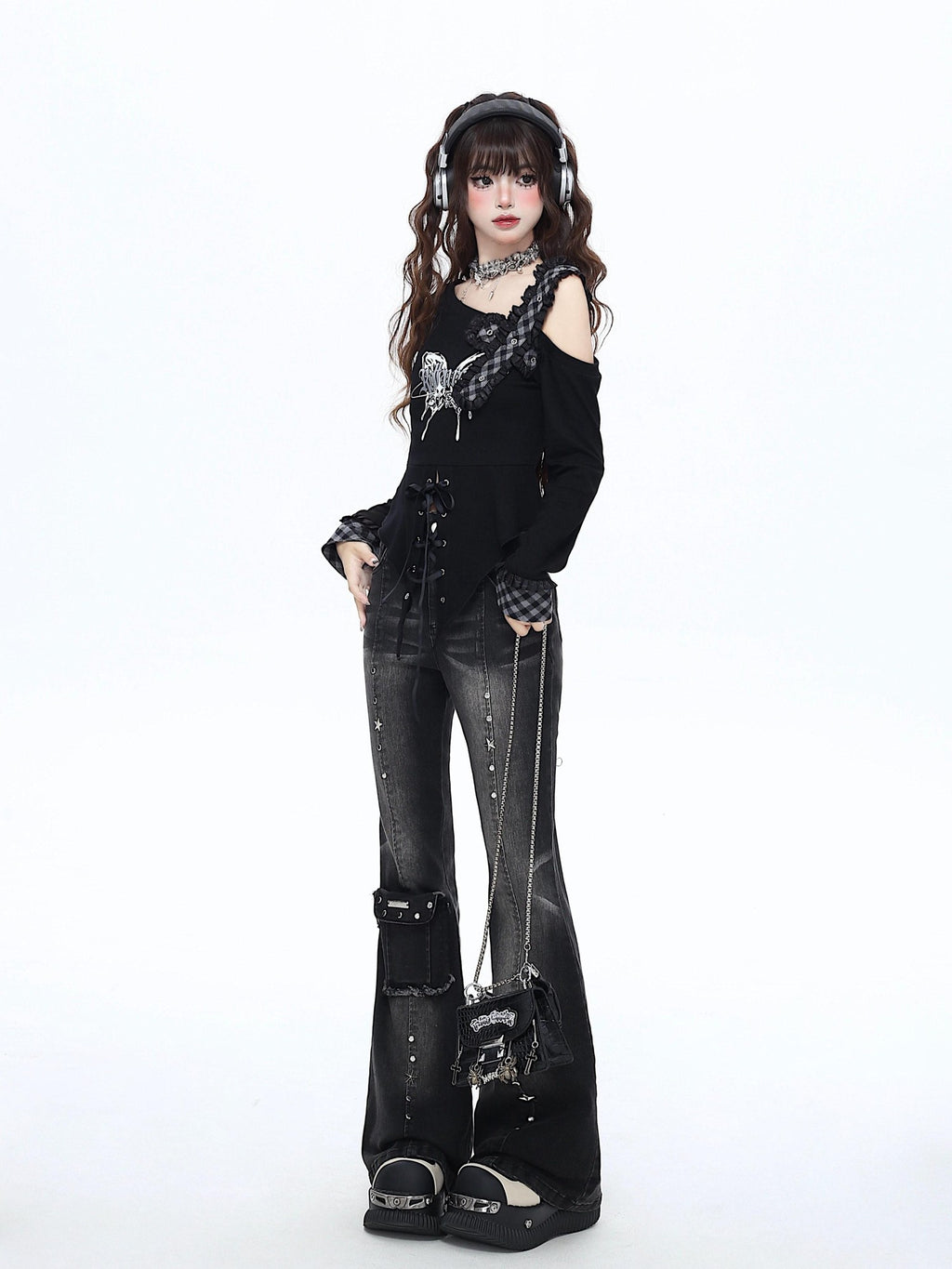 CRAZYGIRL Gothic Butterfly Asymmetrical Waist Cinch Slim Women's Long Sleeve T-shirts