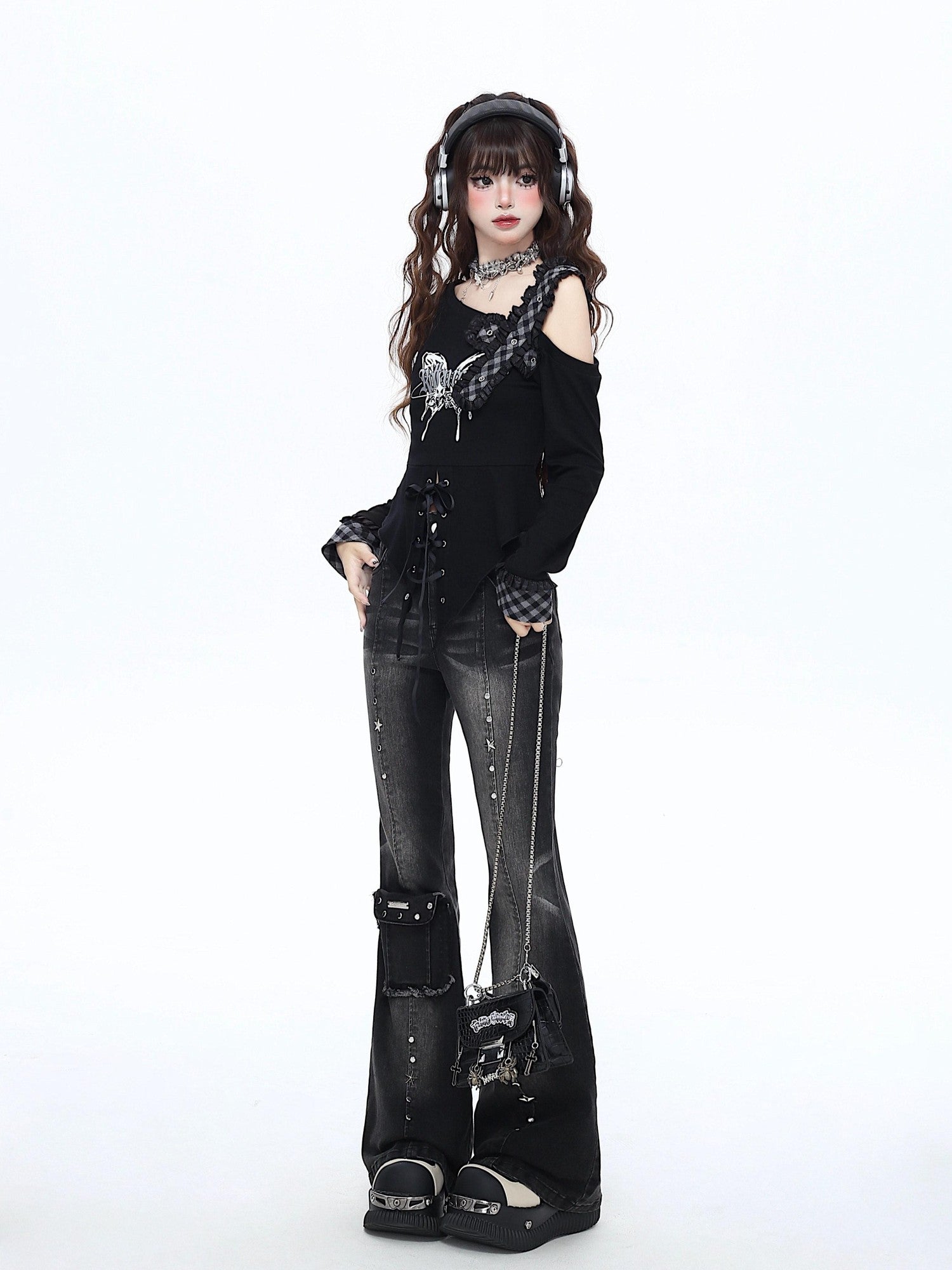 CRAZYGIRL Gothic Butterfly Asymmetrical Waist Cinch Slim Women's Long Sleeve T-shirts