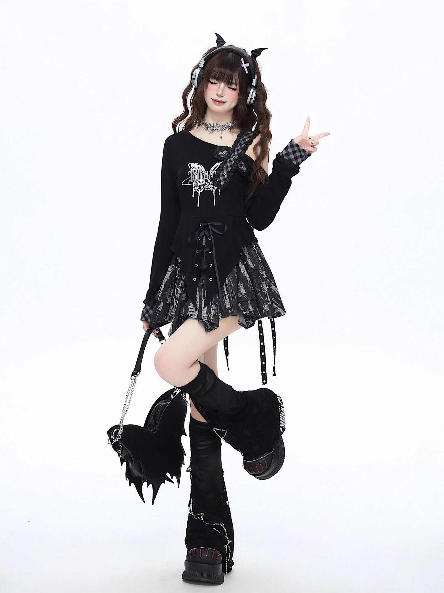 CRAZYGIRL Gothic Butterfly Asymmetrical Waist Cinch Slim Women's Long Sleeve T-shirts