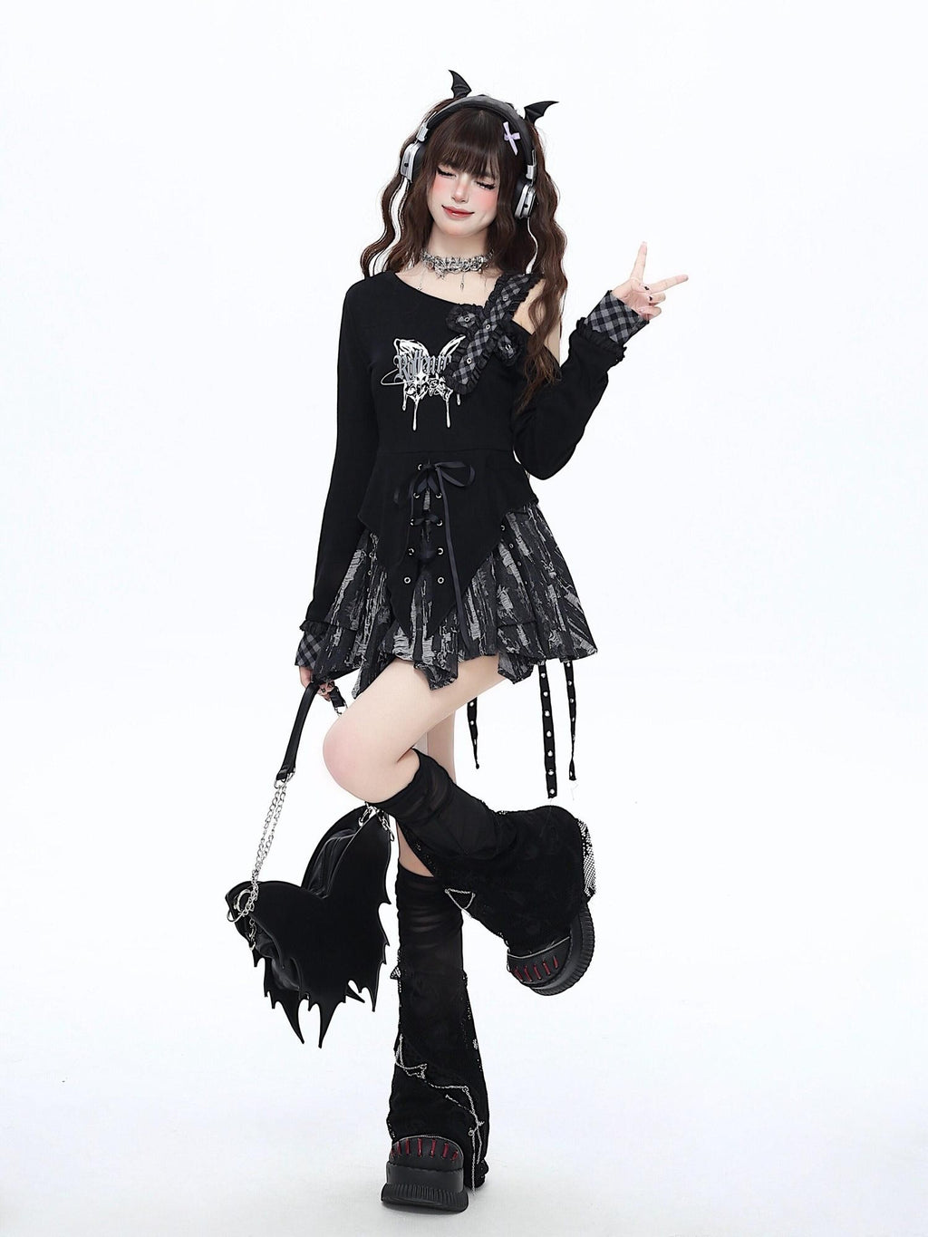 CRAZYGIRL Gothic Butterfly Asymmetrical Waist Cinch Slim Women's Long Sleeve T-shirts