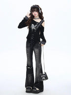 CRAZYGIRL Gothic Butterfly Asymmetrical Waist Cinch Slim Women's Long Sleeve T-shirts