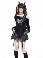 CRAZYGIRL Gothic Butterfly Asymmetrical Waist Cinch Slim Women's Long Sleeve T-shirts