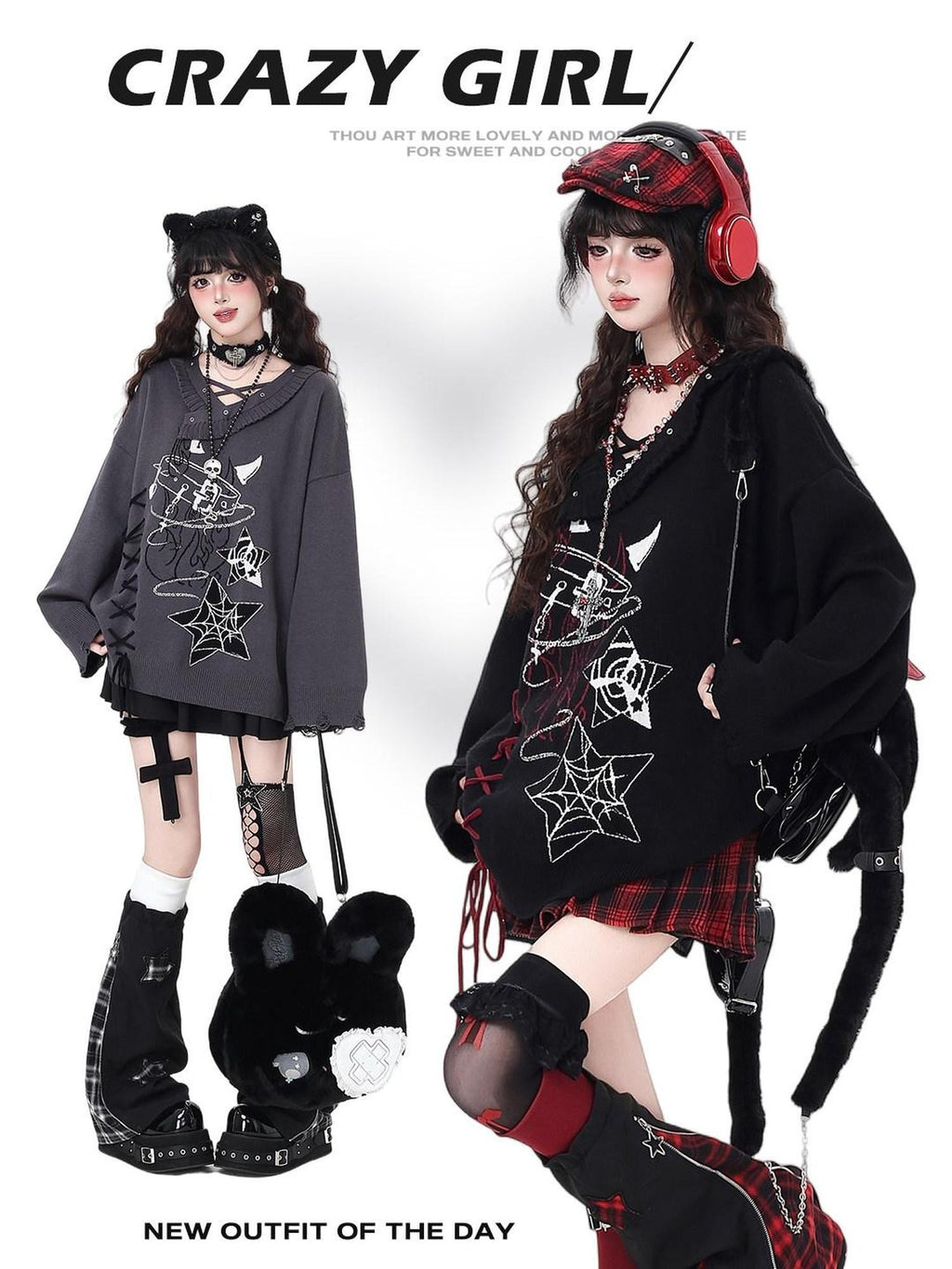 CRAZYGIRL Gothic Cross Lace Up Women's Other Material Loose Knit Sweaters