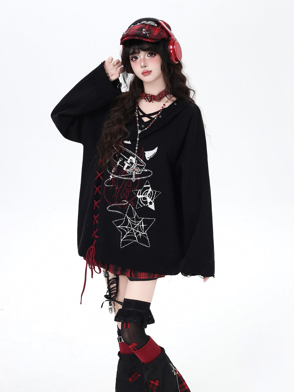 CRAZYGIRL Gothic Cross Lace Up Women's Other Material Loose Knit Sweaters