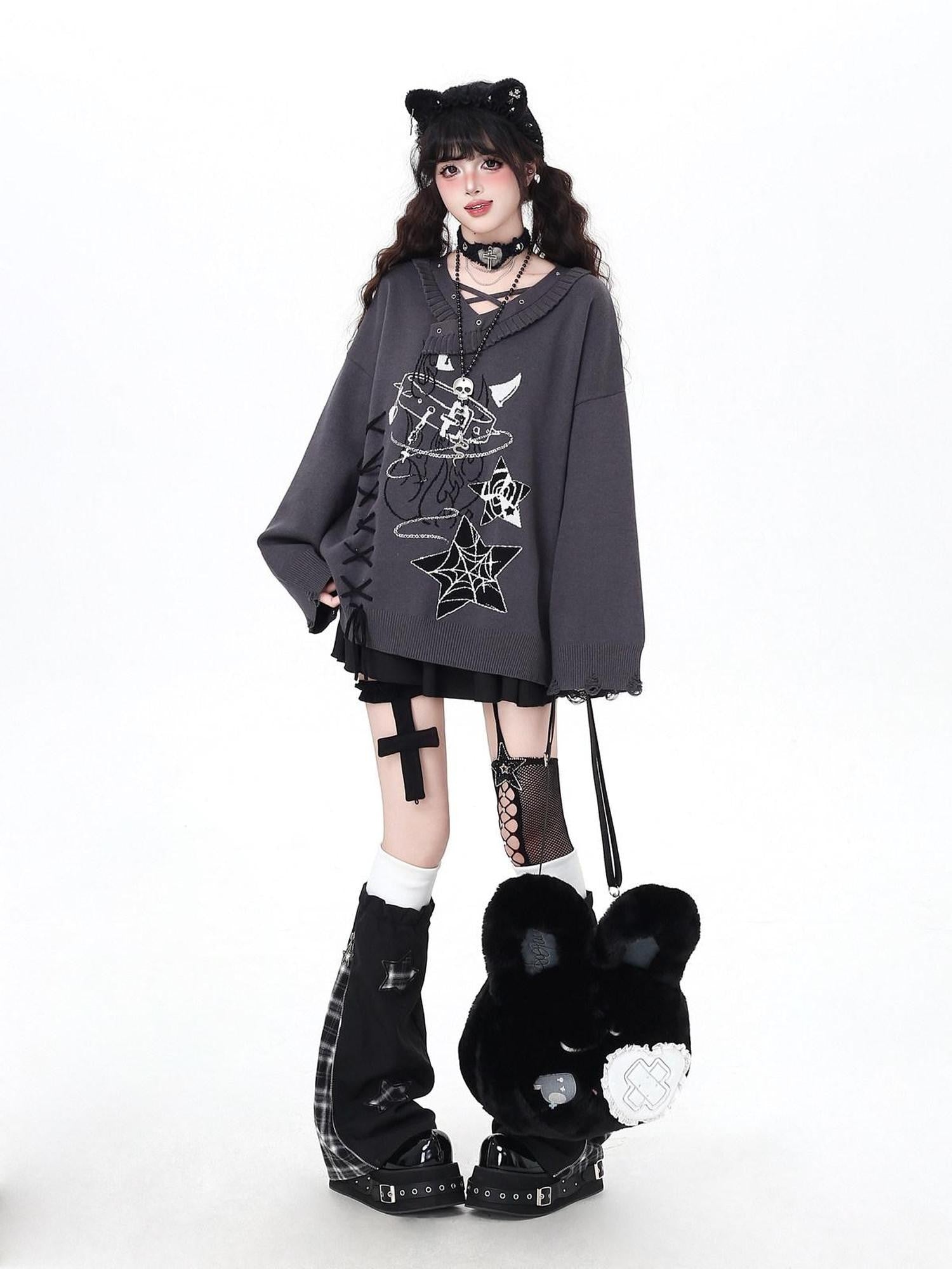 CRAZYGIRL Gothic Cross Lace Up Women's Other Material Loose Knit Sweaters
