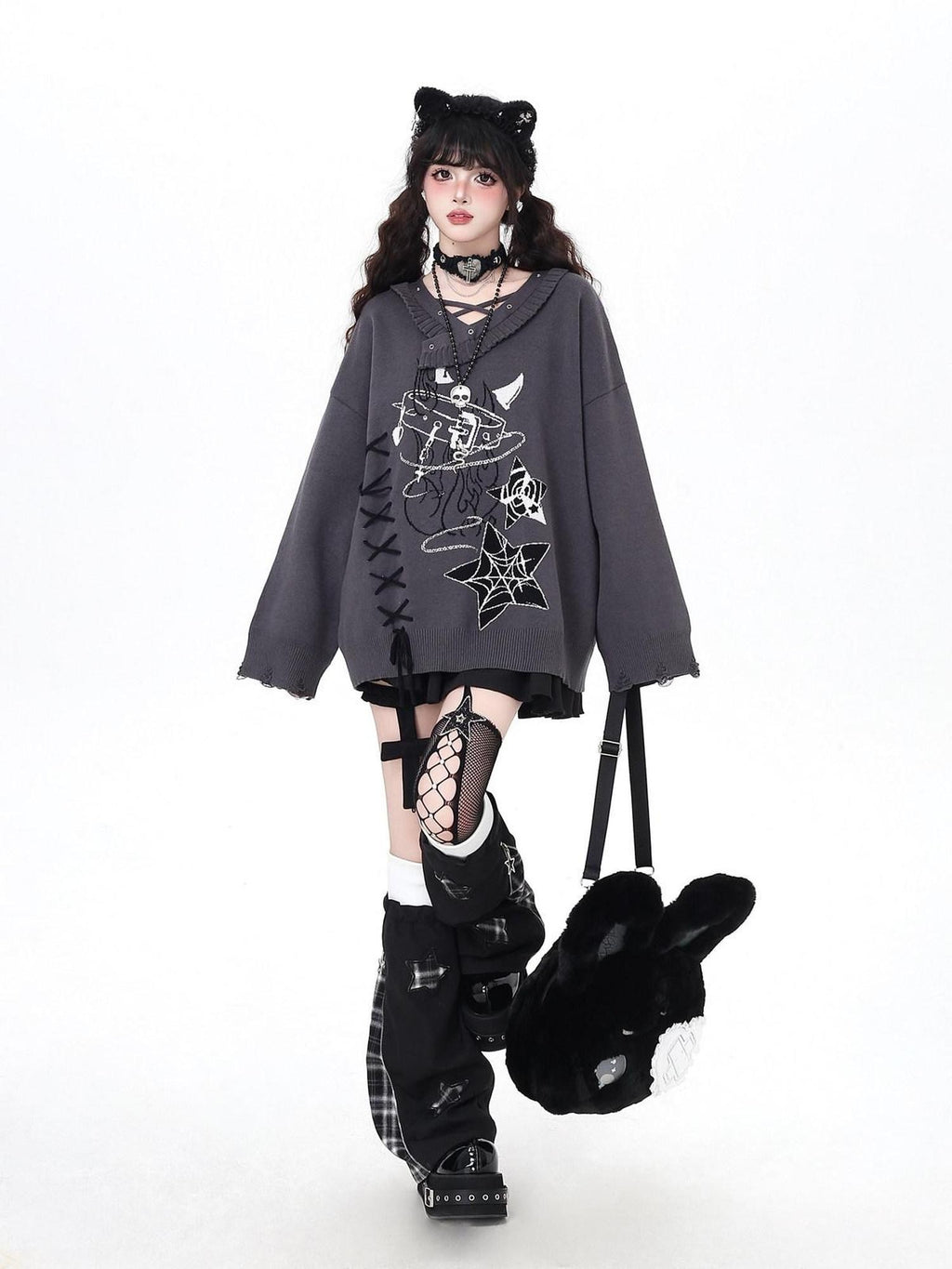 CRAZYGIRL Gothic Cross Lace Up Women's Other Material Loose Knit Sweaters