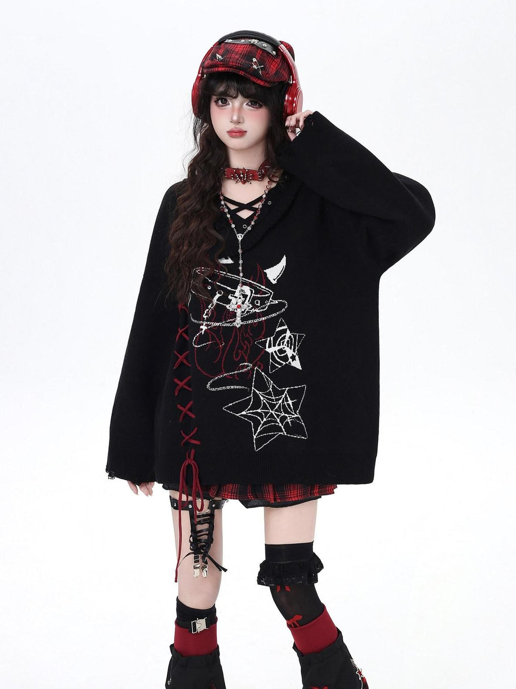 CRAZYGIRL Gothic Cross Lace Up Women's Other Material Loose Knit Sweaters