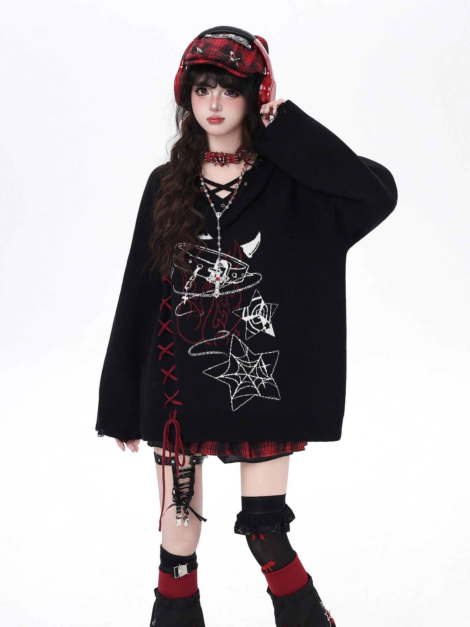 CRAZYGIRL Gothic Cross Lace Up Women's Other Material Loose Knit Sweaters