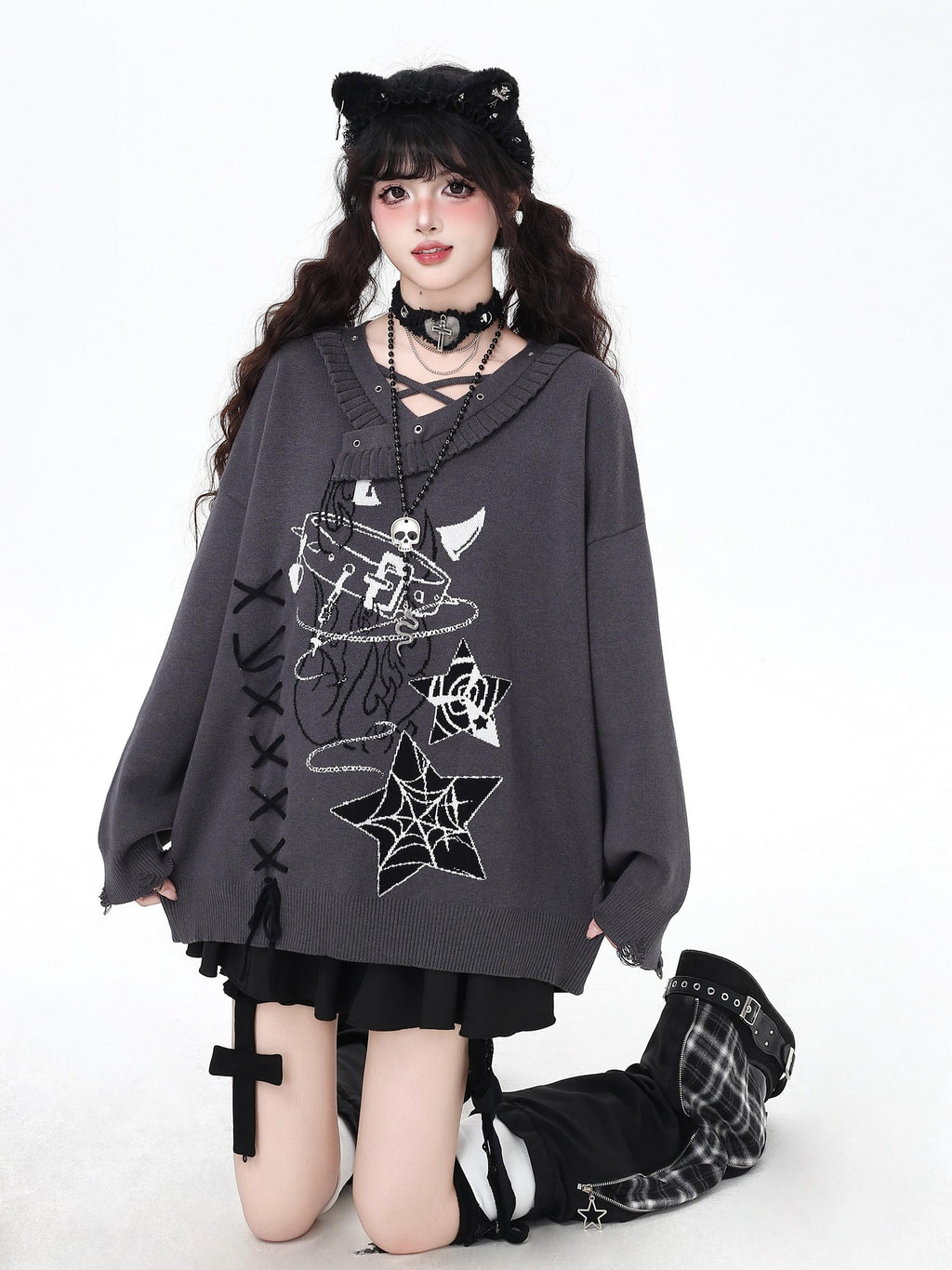 CRAZYGIRL Gothic Cross Lace Up Women's Other Material Loose Knit Sweaters