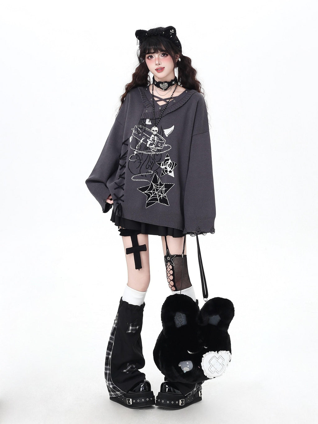 CRAZYGIRL Gothic Cross Lace Up Women's Other Material Loose Knit Sweaters
