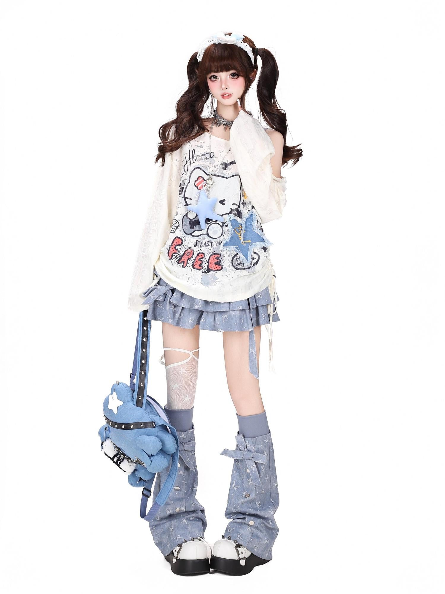 CRAZYGIRL Graffiti Ripped Drawstring Off Shoulder Patchwork Women's Long Sleeve T-shirts
