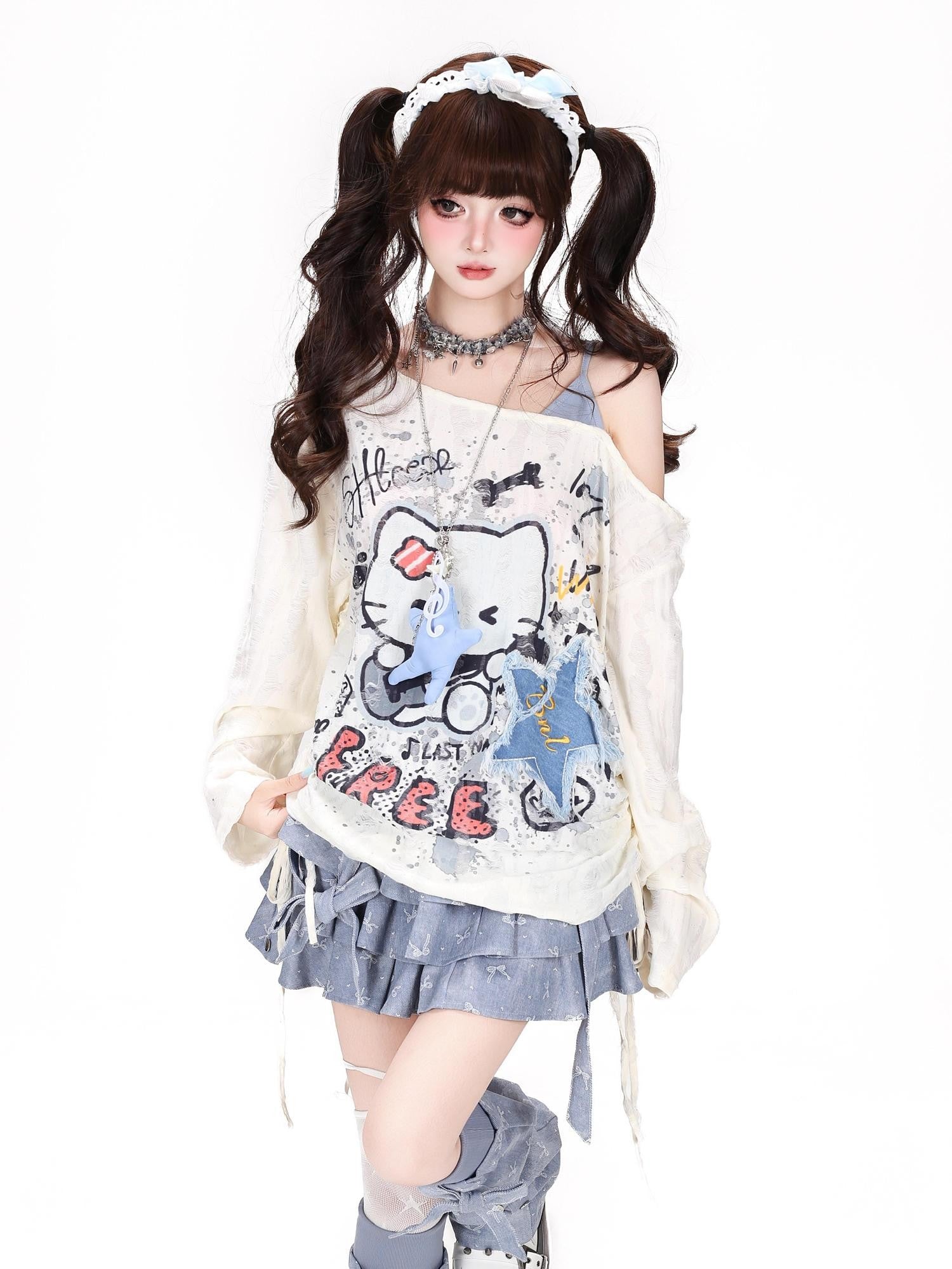 CRAZYGIRL Graffiti Ripped Drawstring Off Shoulder Patchwork Women's Long Sleeve T-shirts