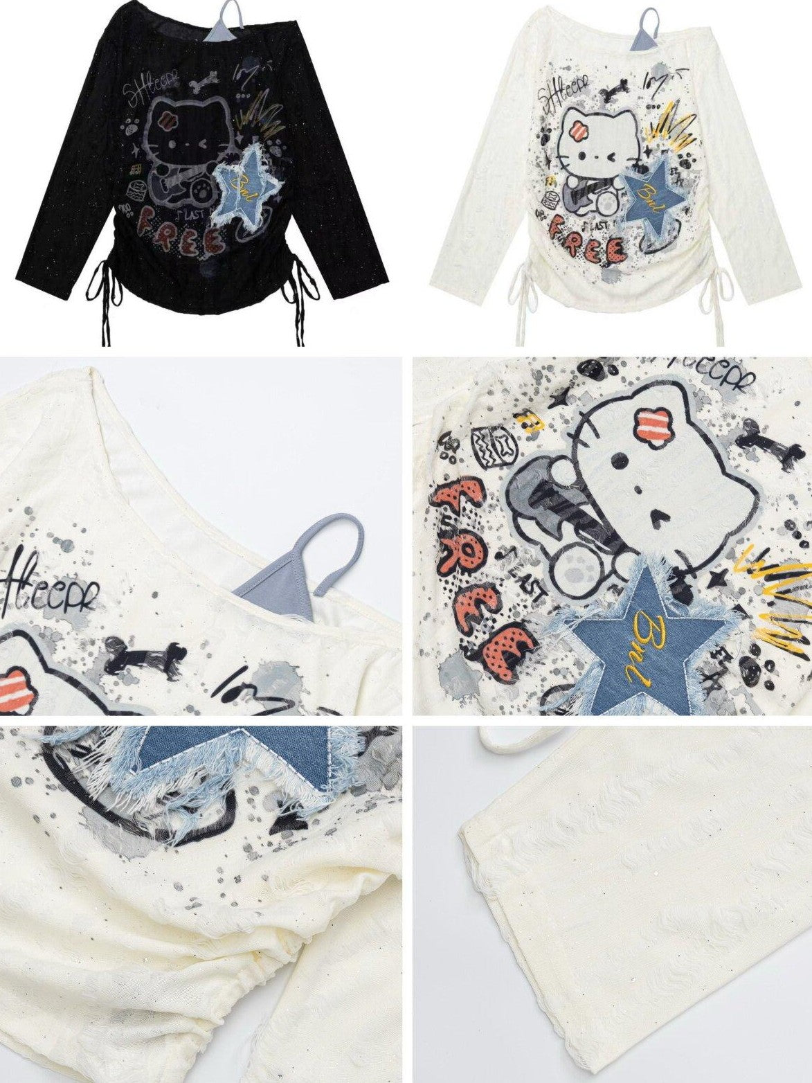 CRAZYGIRL Graffiti Ripped Drawstring Off Shoulder Patchwork Women's Long Sleeve T-shirts