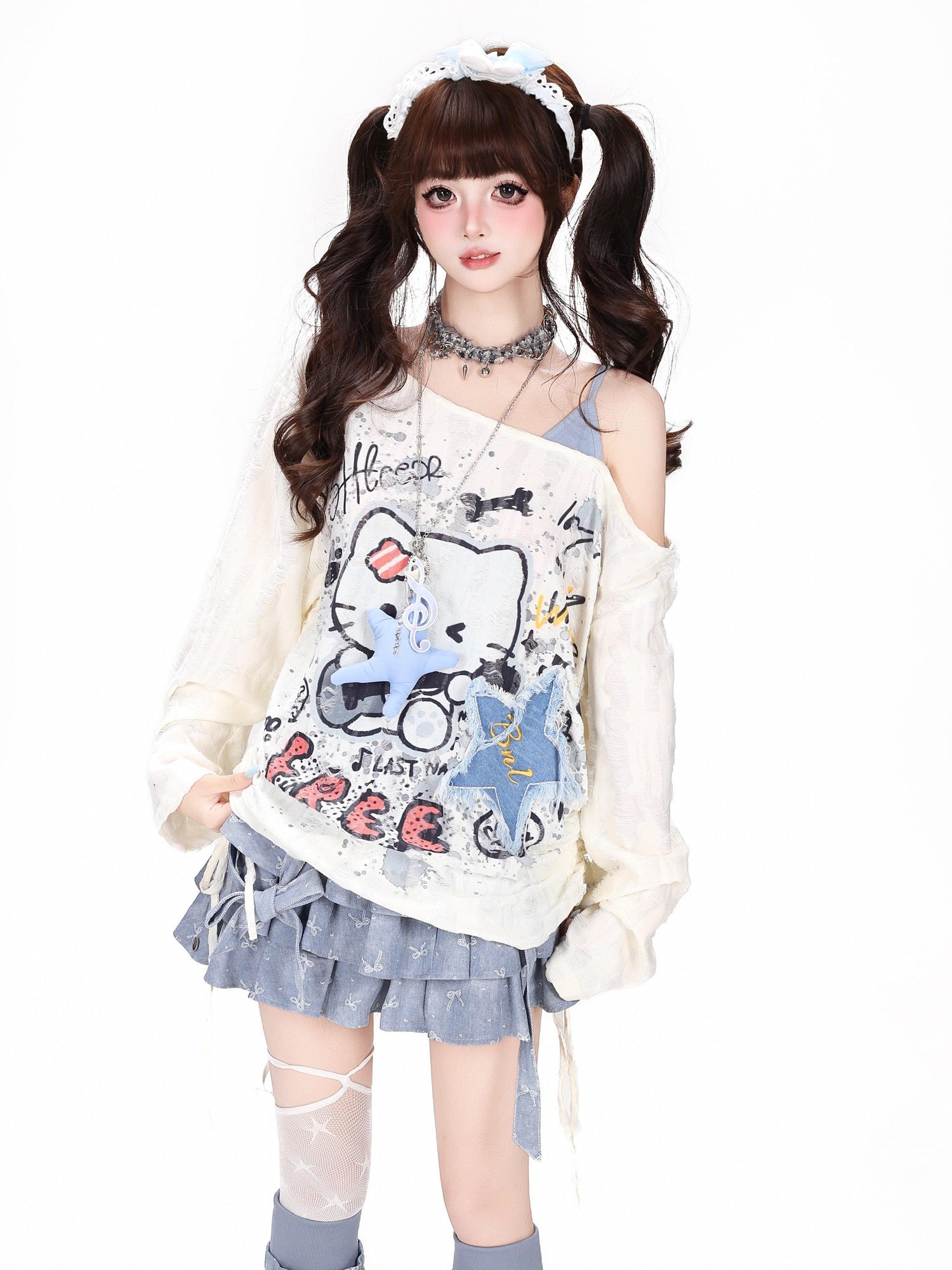 CRAZYGIRL Graffiti Ripped Drawstring Off Shoulder Patchwork Women's Long Sleeve T-shirts