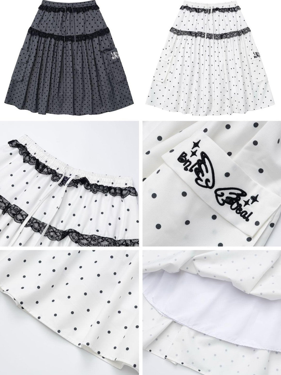 CRAZYGIRL Gray Polka Dot Lace Spliced Embroidered High Waist Aline Women's Midi Skirts