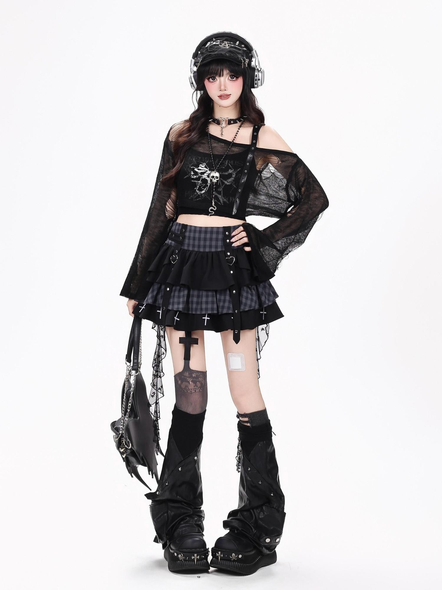 CRAZYGIRL Grunge Distressed Skull Cropped Knitted Women's Sheer Long Sleeve T-shirts