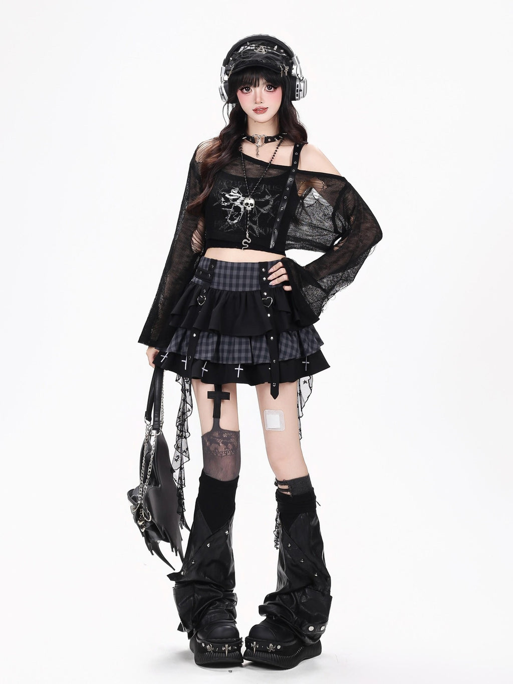 CRAZYGIRL Grunge Distressed Skull Cropped Knitted Women's Sheer Long Sleeve T-shirts