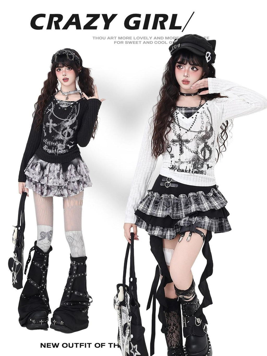 CRAZYGIRL Halter Chain Print Faux Two Piece Slim Women's Knit Long Sleeve T-shirts
